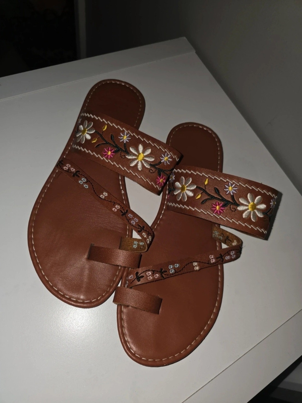 Women's Brown Floral Embroidered Slide Sandals